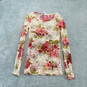 vintage style retro y2k cream lace floral long sleeve sheer blouse KIRRA S